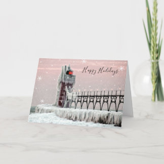 Tarjeta Festiva Faro de invierno de South Haven Michigan con nieve