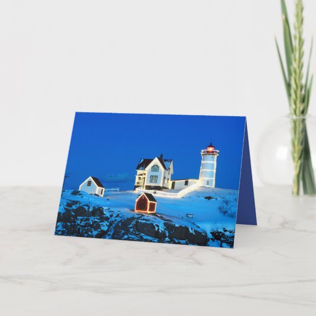 Tarjeta Festiva Faro de nubble navideño (Anverso)