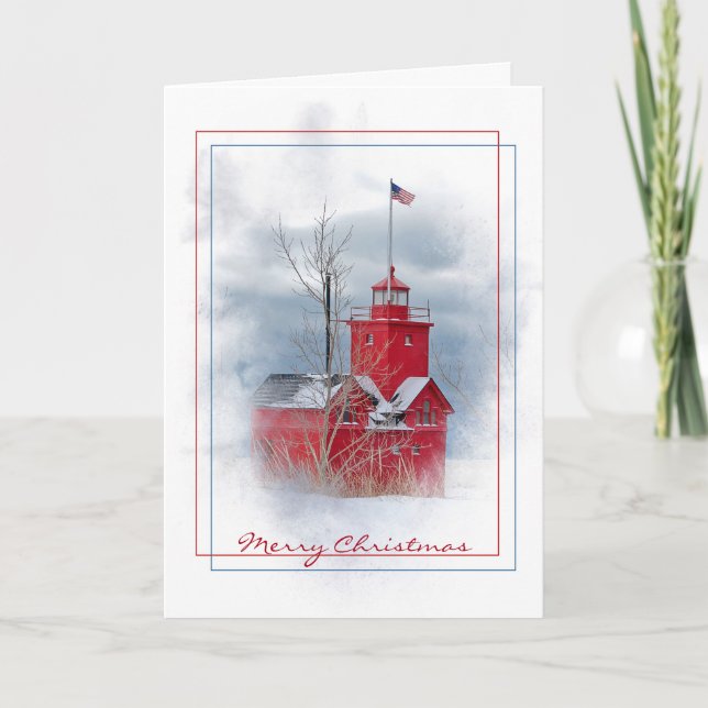 Tarjeta Festiva Faro Rojo Grande de Michigan en invierno (Anverso)