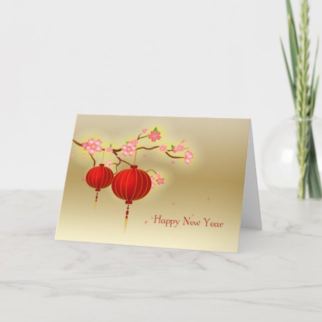 Tarjeta Festiva Faroles de papel rojo, florecimiento rosado, Año N (Anverso)