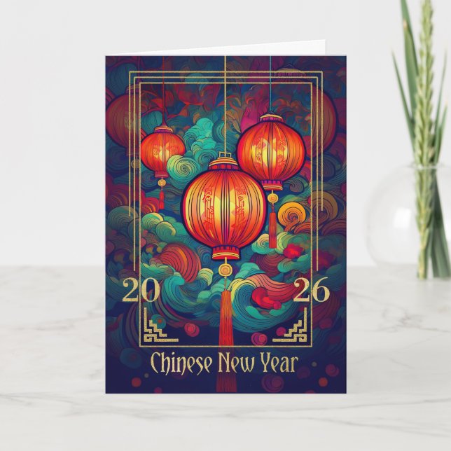 Tarjeta Festiva Farolitos y linternas de Año Nuevo chinos 2026 (Anverso)