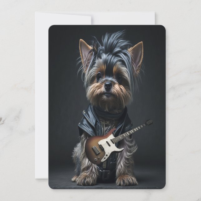 Tarjeta Festiva Fatigues de Rocker Guitariano Yorkshire Terrier Yo (Anverso)