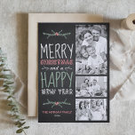 Tarjeta Festiva Faux Chalkboard Merry Christmas Three Photo<br><div class="desc">Envíe sus deseos de vacaciones a amigos y familiares con esta tarjeta de Navidades de personalizable. Esta tarjeta de vacaciones presenta tipografía escrita a mano. Personalice agregando sus detalles. Esta tarjeta de Navidades de fotos está disponible en otros colores y material de cartón. Los elementos coincidentes están disponibles.</div>