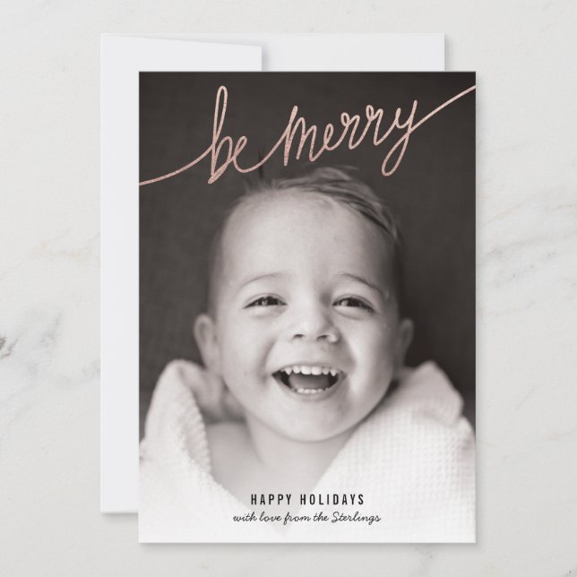 Tarjeta Festiva Faux Copper Relieve metalizado Script Holiday Phot (Anverso)
