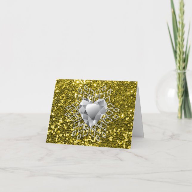 Tarjeta Festiva Faux de oro Purpurina Diamond Heart Snowflake (Anverso)