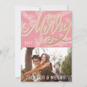 Tarjeta Festiva Faux Faux Gold Holiday con guión moderno de merry