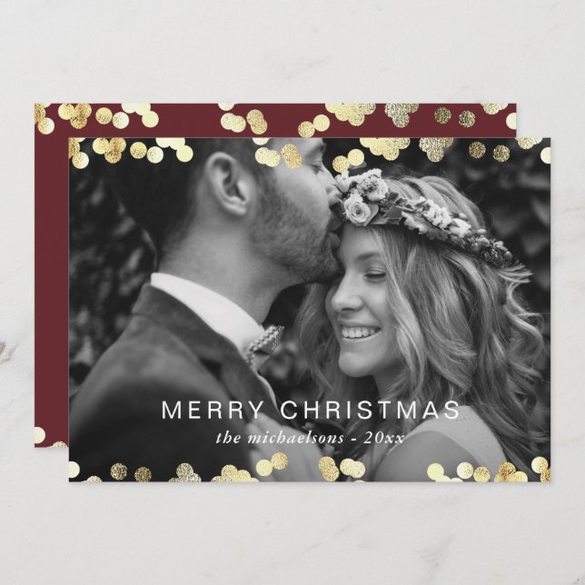 Tarjeta Festiva Faux Gold Confetti Merry Christmas Photo Red (Anverso / Reverso)