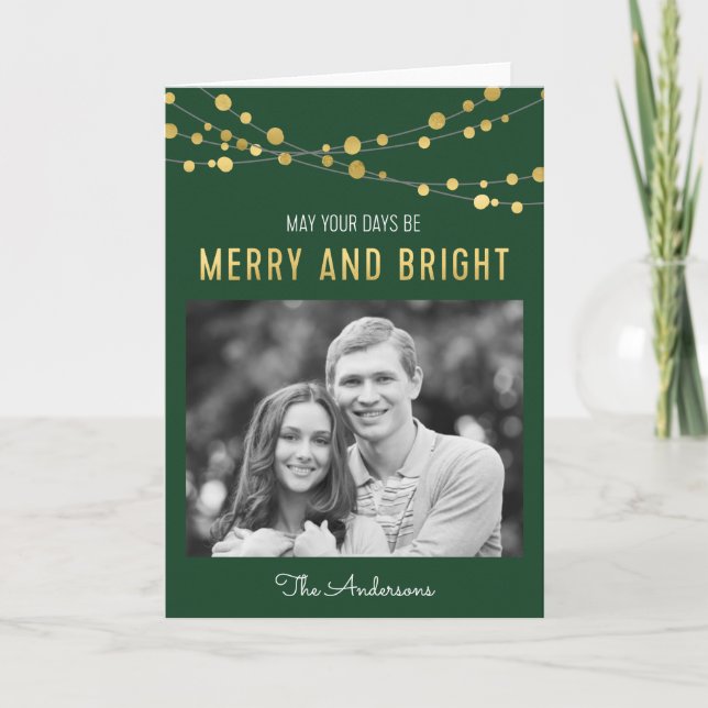 Tarjeta Festiva Faux Gold Green Merry & Bright Lights Photo (Anverso)
