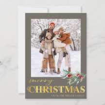 Faux Gold Green Merry Christmas Holiday Photo Card