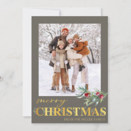 Tarjeta Festiva Faux Gold Green Merry Christmas Holiday Photo Card