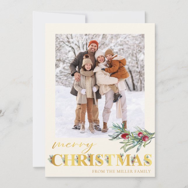 Tarjeta Festiva Faux Gold Green Merry Christmas Holiday Photo Card (Anverso)
