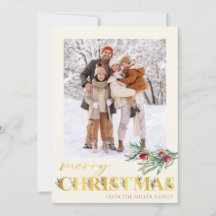 Faux Gold Green Merry Christmas Holiday Photo Card