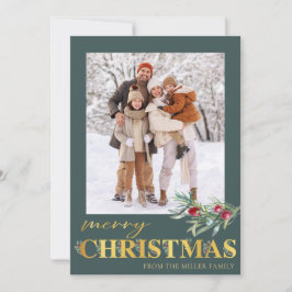 Tarjeta Festiva Faux Gold Green Merry Christmas Holiday Photo Card