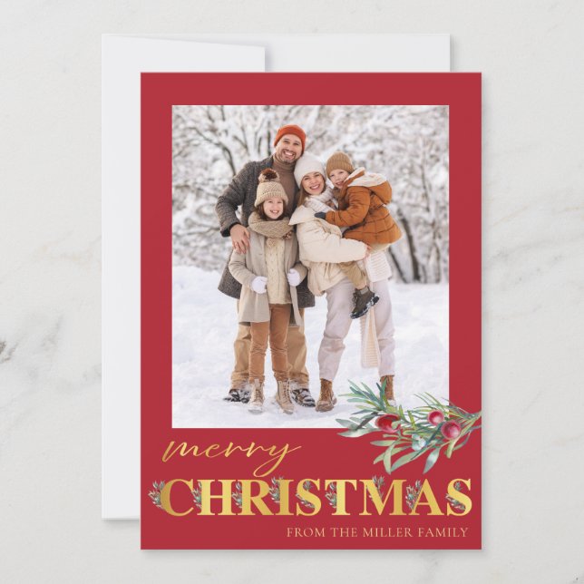 Tarjeta Festiva Faux Gold Green Merry Christmas Holiday Photo Card (Anverso)