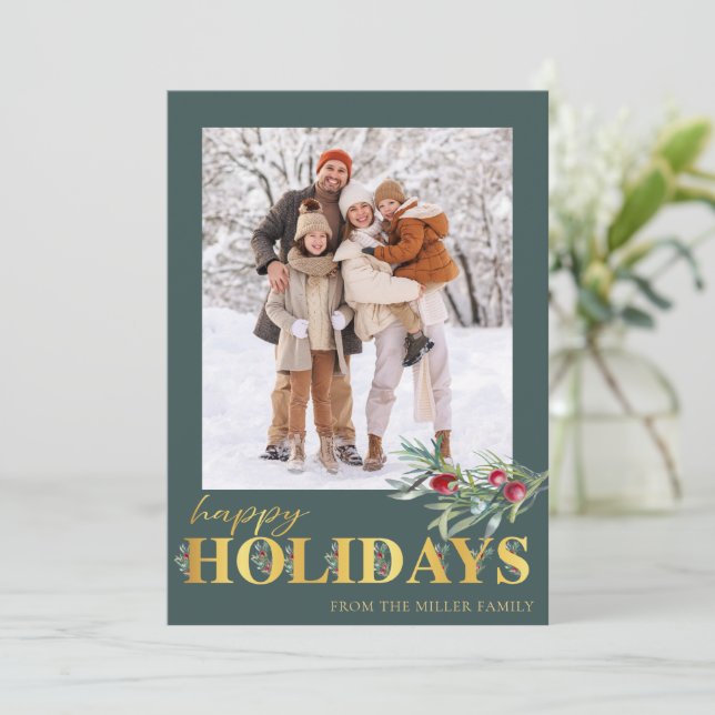 Tarjeta Festiva Faux Gold Happy Holidays Holiday Photo Card (Anverso de pie)