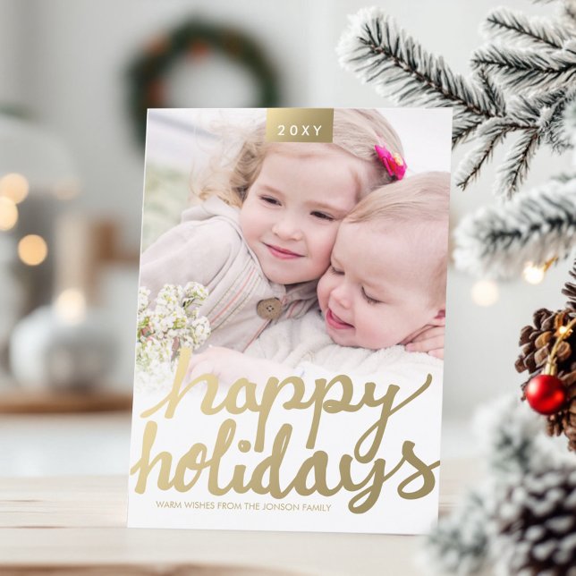 Tarjeta Festiva Faux Gold Happy Holidays Photo Modern Photo Card (Subido por el creador)