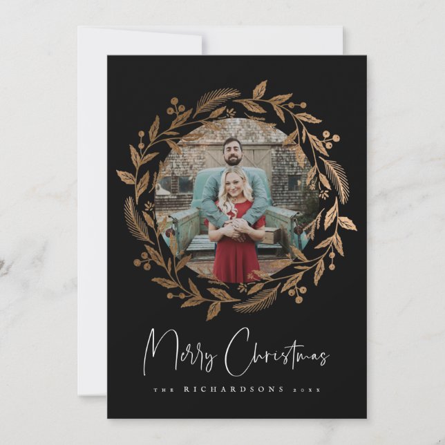 Tarjeta Festiva Faux Gold Navidades Wreath Holiday Photo Card (Anverso)