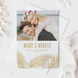 Tarjeta Festiva Faux Gold Pine Needles Merry and Married Photo