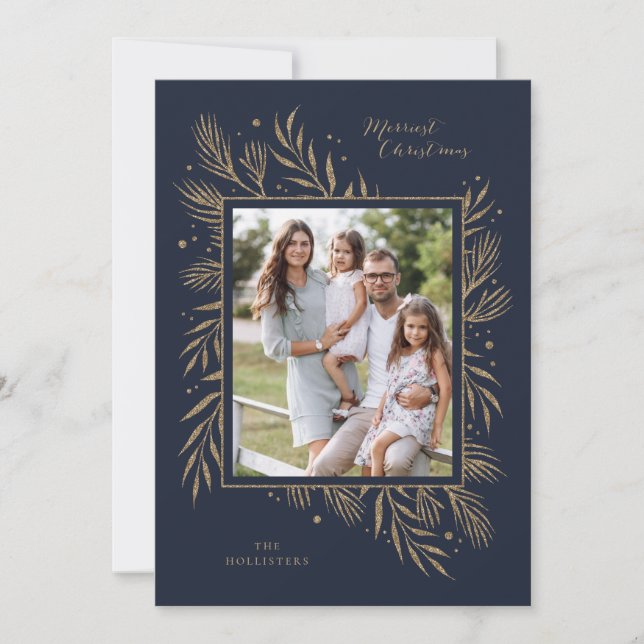 Tarjeta Festiva Faux Gold Purpurina Foliage Navidades Holiday Card (Anverso)