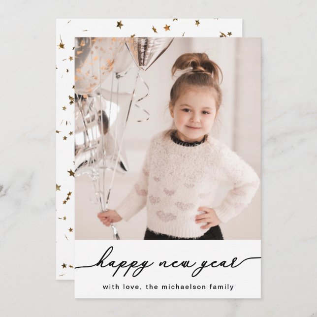 Tarjeta Festiva Faux Gold Stars and Confetti Photo Happy New Year (Anverso / Reverso)