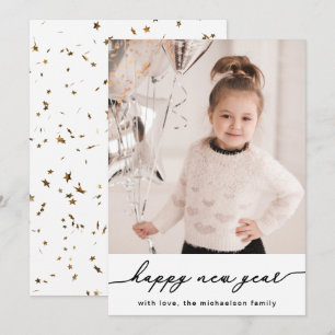 Tarjeta Festiva Faux Gold Stars and Confetti Photo Happy New Year