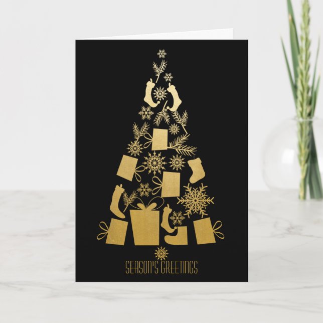 Tarjeta Festiva Faux Gold y Black Modern Christmas Tree (Anverso)