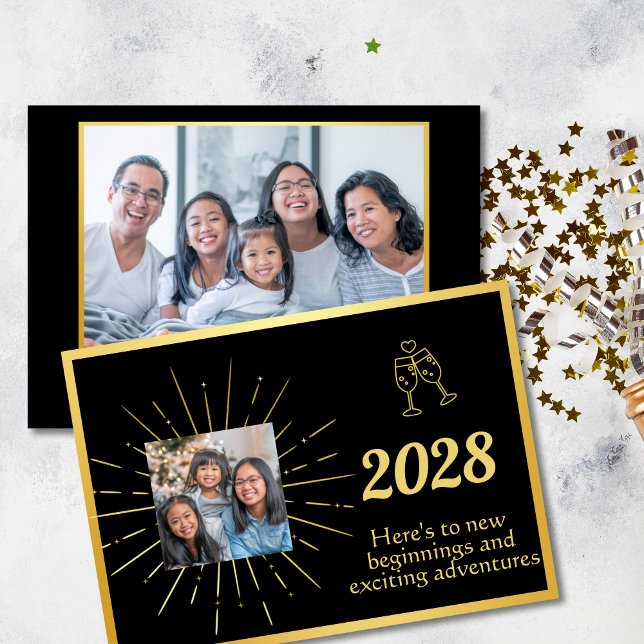 Tarjeta Festiva Faux Relieve metalizado Black and Gold Photo Happy (Subido por el creador)