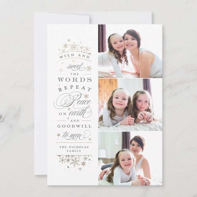 Tarjeta Festiva Faux Relieve metalizado dorado Peace on Earth Phot (Anverso)