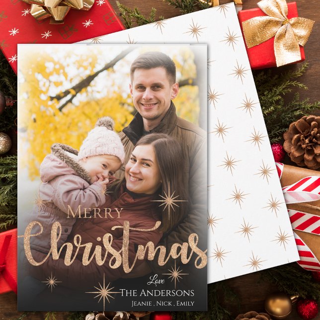 Tarjeta Festiva Faux Rosa Gold Merry Christmas Photo (Faux Rose Gold Merry Christmas Photo Holiday Card)