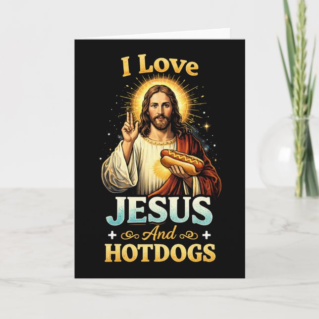 Tarjeta Festiva Fe, Amor, y Hotdogs (Anverso)