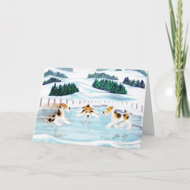 Tarjeta Festiva Fecha del patín del fox terrier del alambre (Anverso)