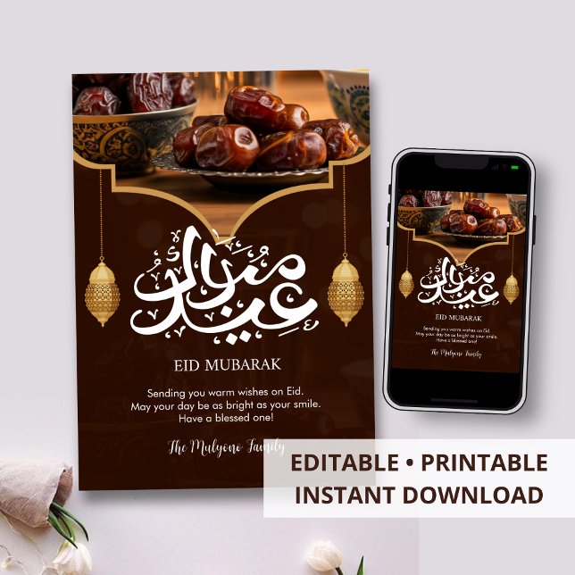 Tarjeta Festiva Fechas de lujo y linternas doradas Eid Mubarak (Subido por el creador)