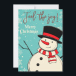 Tarjeta Festiva Feed the Joy Merry Christmas Snowman Holiday Card<br><div class="desc">Esta bonita tarjeta de estilo vintage es una excelente manera de sentir y disfrutar del espíritu de los Navidades. El diseño presenta un fondo azul salpicado con diferentes estilos de copos de nieve y un ilustracion de muñecos de nieve. La encantadora tipografía de los saludos te hace sentir el espíritu...</div>