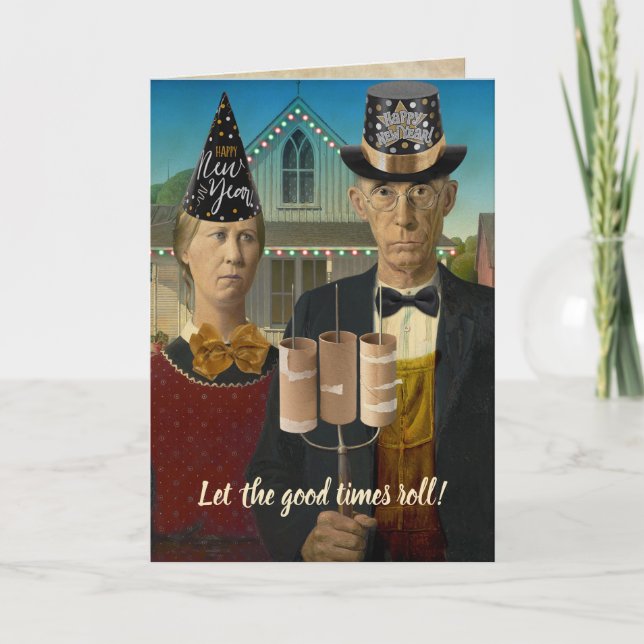 Tarjeta Festiva Felic Año Nuevo de American Gothic Que rueden los  (Anverso)