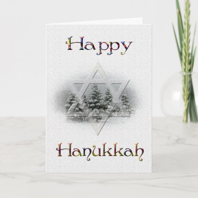 Tarjeta Festiva Felices árboles cubiertos de nieve de Hanukkah (Anverso)