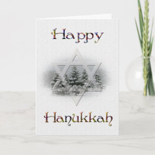 Tarjeta Festiva Felices árboles cubiertos de nieve de Hanukkah