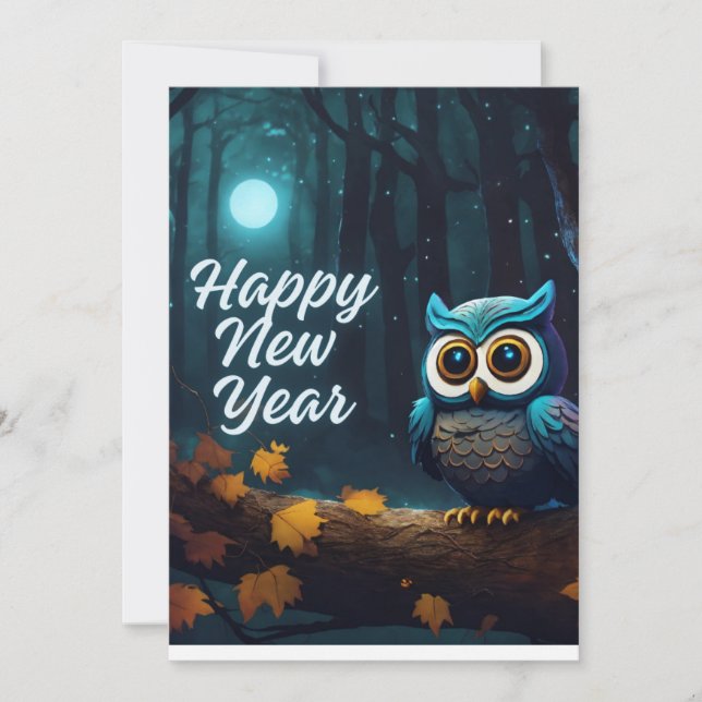 Tarjeta Festiva Felices búhos de Año Nuevo encarnados en Personali (Anverso)