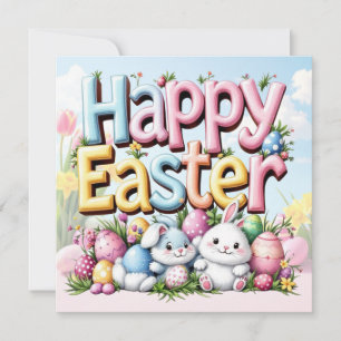 Tarjeta Festiva Felices conejitas de Pascua con huevos
