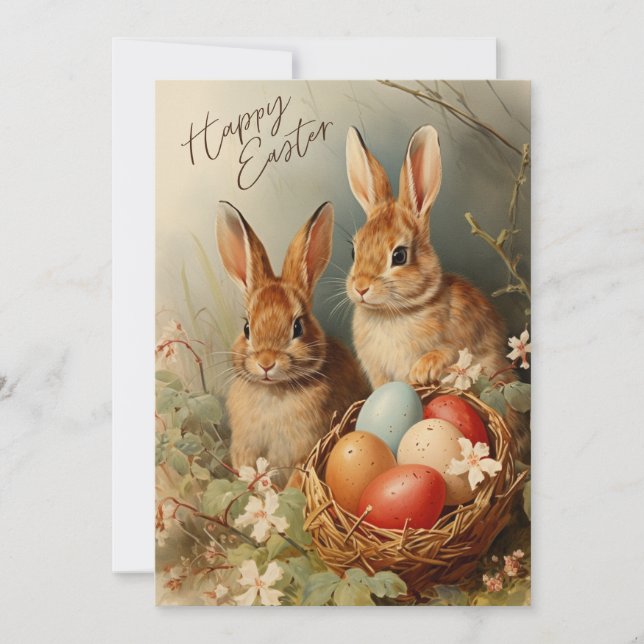 Tarjeta Festiva Felices conejitas de Pascua con la cesta de huevos (Anverso)