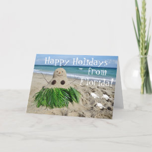 Tarjeta Festiva Felices feriados Navidades de Florida Snowman Sand