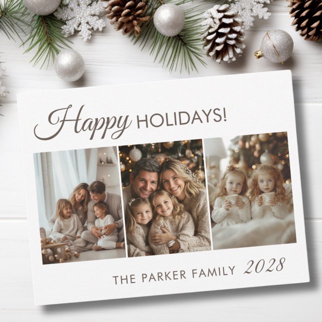 Tarjeta Festiva Felices fiestas! 3 Foto, blanco, mínimo (Happy Holidays! 3 Photo, White, Brown, Minimal Holiday Card.)