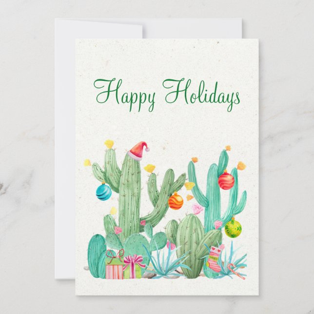 Tarjeta Festiva Felices Fiestas Acuarela Cactus Desert Southwest (Anverso)