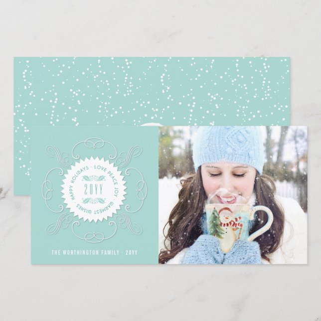 Tarjeta Festiva Felices Fiestas Amar la Paz Joy Sello Ornate Foto (Anverso / Reverso)