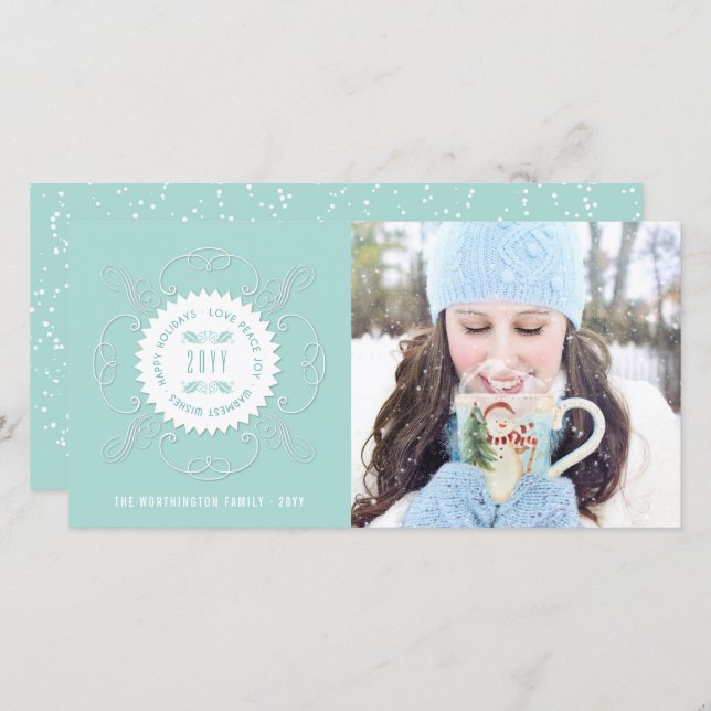 Tarjeta Festiva Felices Fiestas Amor Paz Alegría Fello Ornate Foto (Anverso / Reverso)