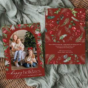 Tarjeta Festiva Felices Fiestas Arco Botánico Invernal Rojo Burdeo