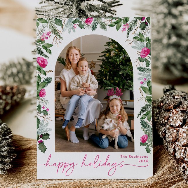 Tarjeta Festiva Felices Fiestas Arco Botánico Rosa y Verde (Subido por el creador)