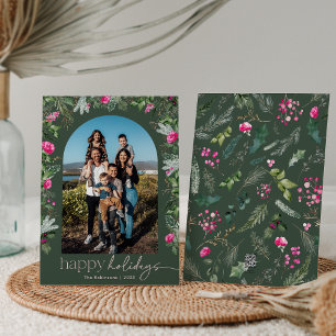 Tarjeta Festiva Felices Fiestas Arco Botánico Verde Bosque y Rosa