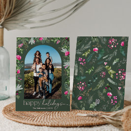 Tarjeta Festiva Felices Fiestas Arco Botánico Verde Bosque y Rosa