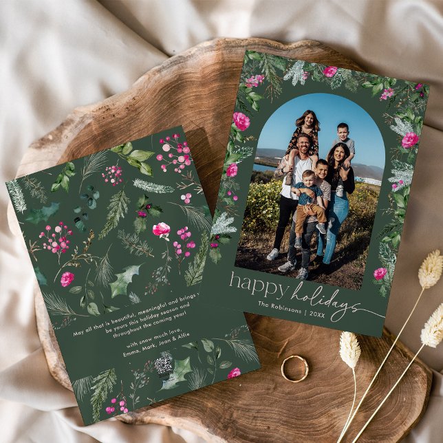 Tarjeta Festiva Felices Fiestas Arco de Follaje Verde Rosa (Subido por el creador)