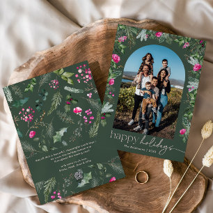 Tarjeta Festiva Felices Fiestas Arco de Follaje Verde Rosado Foto